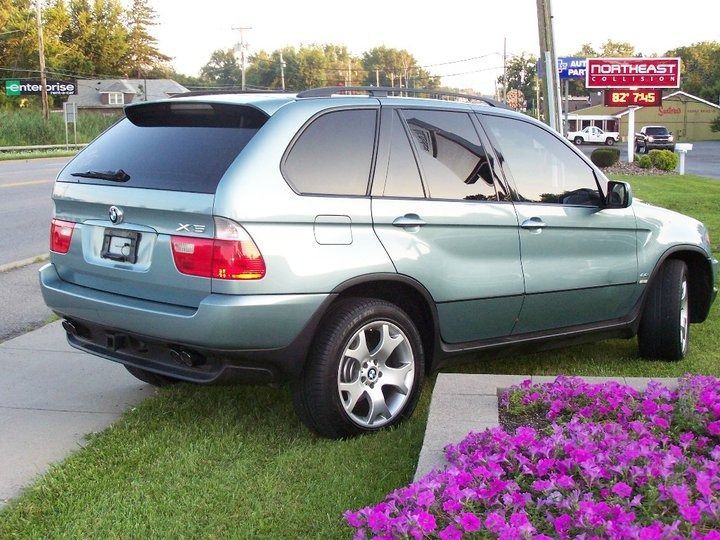 Blue SUV parked next to a curb with purple flowers.