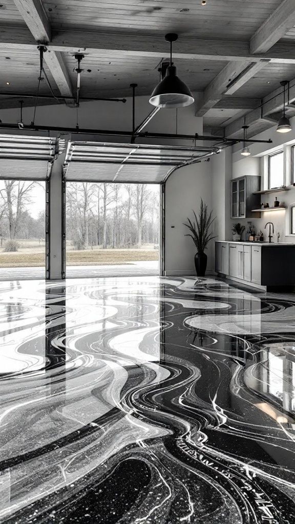 Modern kitchen interior with glossy black-and-white marbled floor and large windows overlooking outdoors