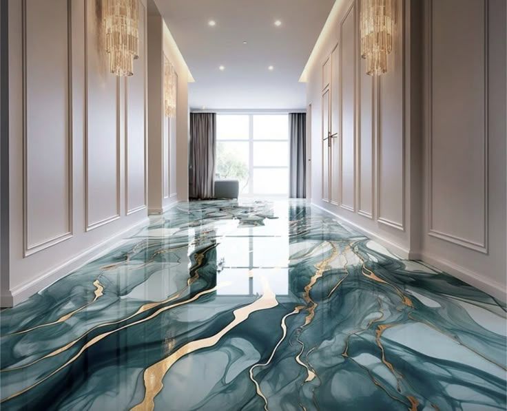 Elegant hallway with glossy teal-and-gold abstract floor and cream paneled walls, lit by recessed ceiling lights