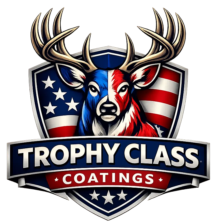 Trophy Class Coatings logo with a patriotic deer head over a shield in red, white, and blue