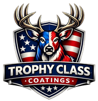 Trophy Class Coatings logo with a patriotic deer head over a shield in red, white, and blue
