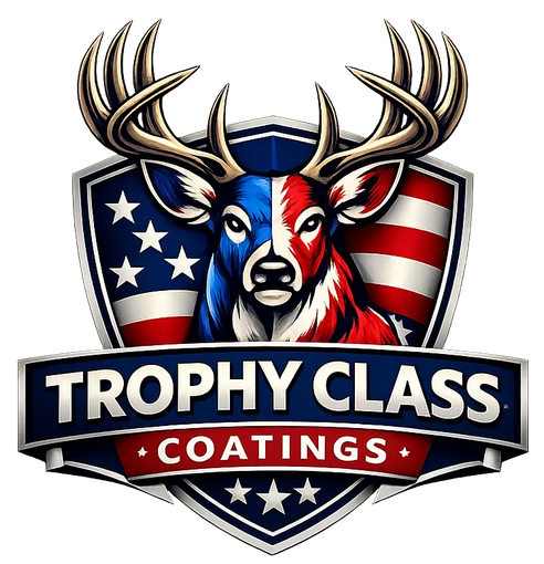 Trophy Class Coatings logo with a patriotic deer head over a shield in red, white, and blue