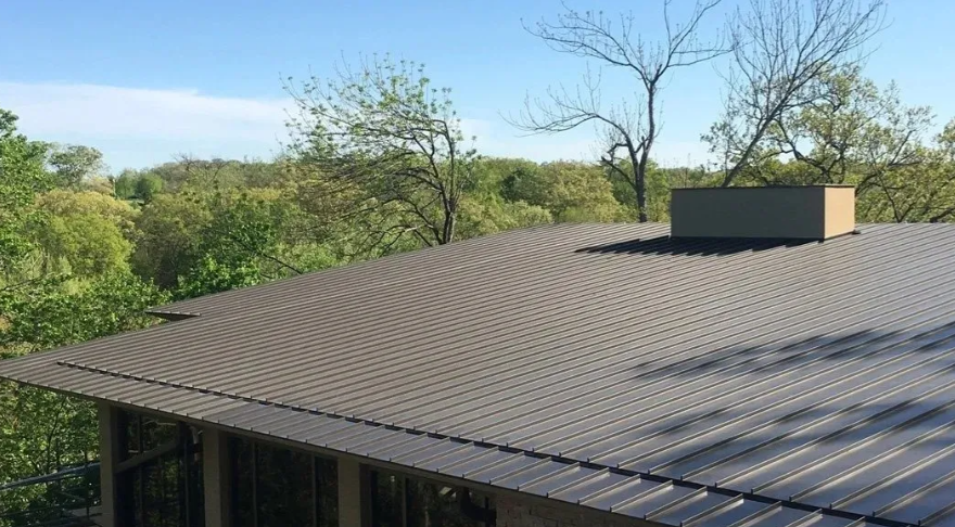 House roof with dark shingles and a skylight, surrounded by trees under a clear blue sky