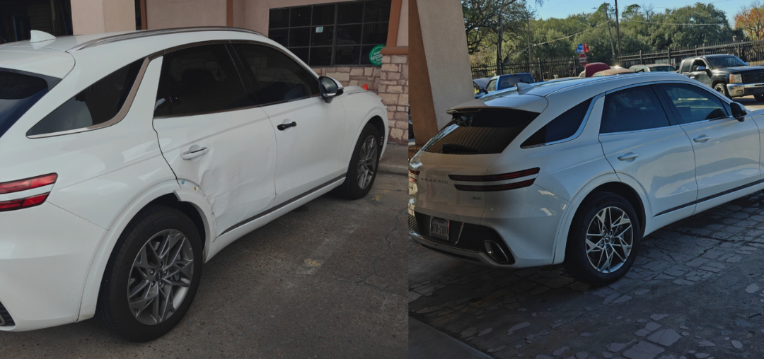 Two views of a white SUV parked on pavement during the day