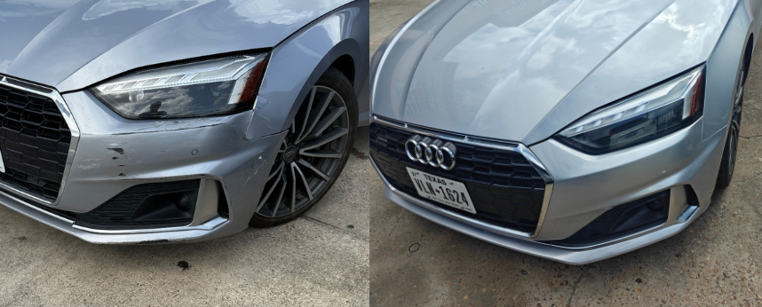 Split view of a silver Audi A5 showing a dent and paint damage on the driver-side front bumper and headlight area