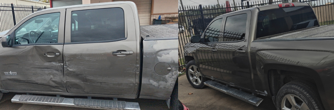 Two gray pickup trucks parked side-by-side; the truck on the left has significant side-panel damage