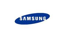 Samsung logo in white on a blue oval background
