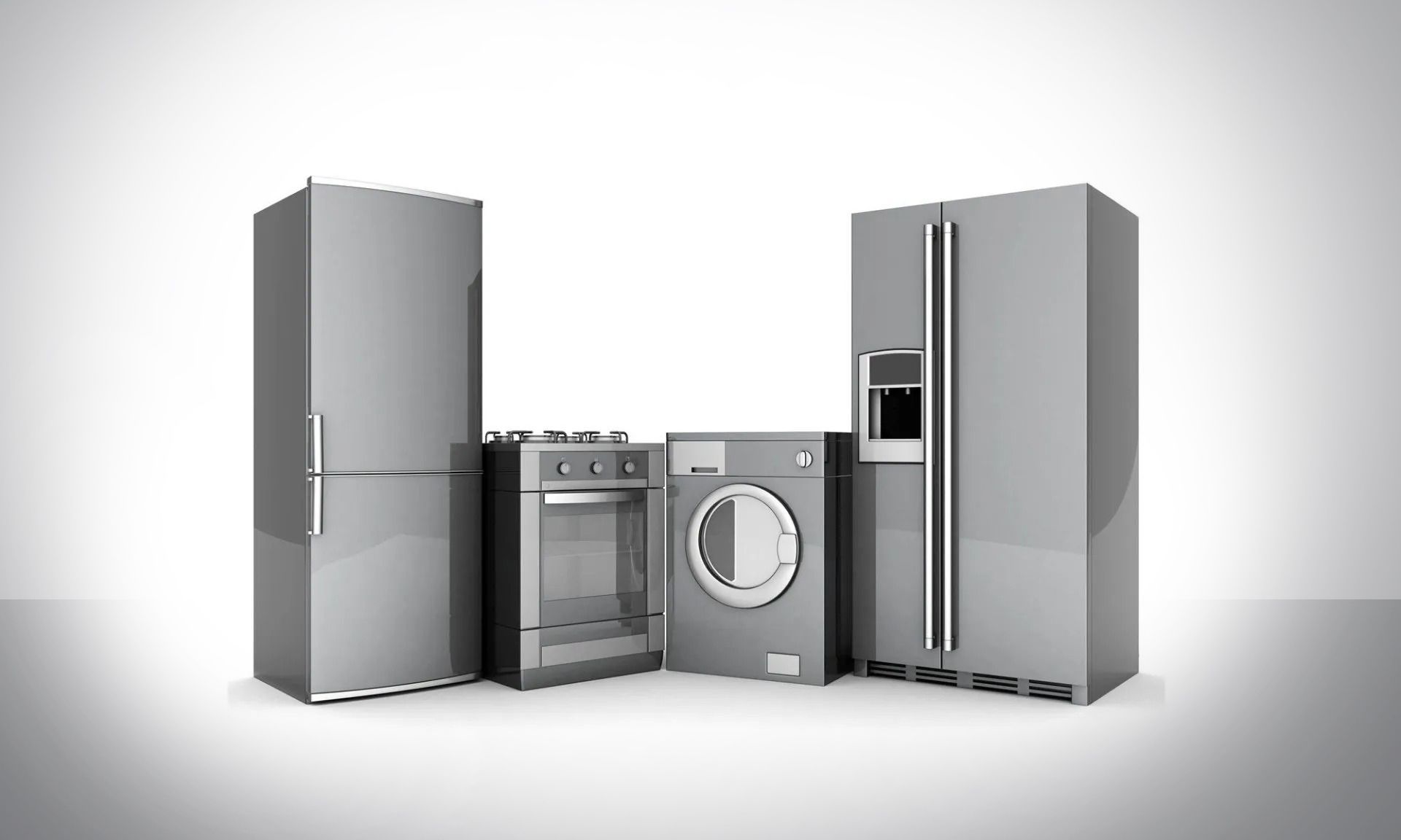 Modern stainless steel kitchen appliances: fridge, stove, washer, and refrigerator on a white background