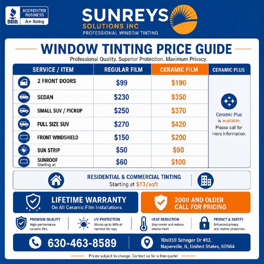 Sunreys window tinting price guide with blue and orange branding, service list, prices, and contact info