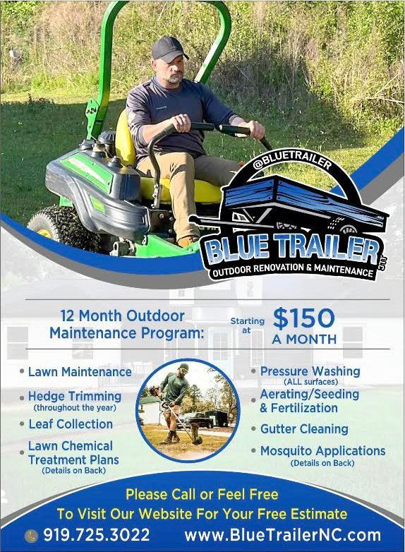 A promotional flyer for Blue Trailer's 12-Month Outdoor Maintenance Program