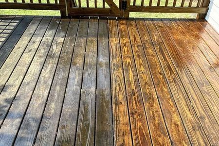 A before and after picture of a wooden deck being cleaned.