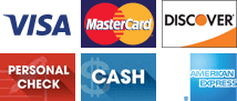 Visa, MasterCard, Discover, Personal Check, Cash, American Express