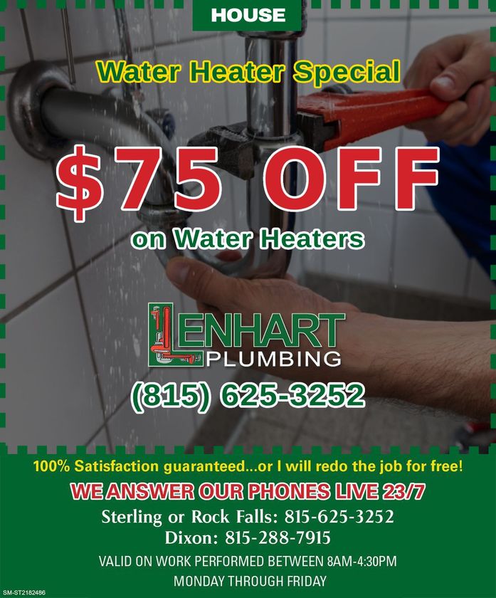 A Lenhart Plumbing advertisement for $75 off water heaters