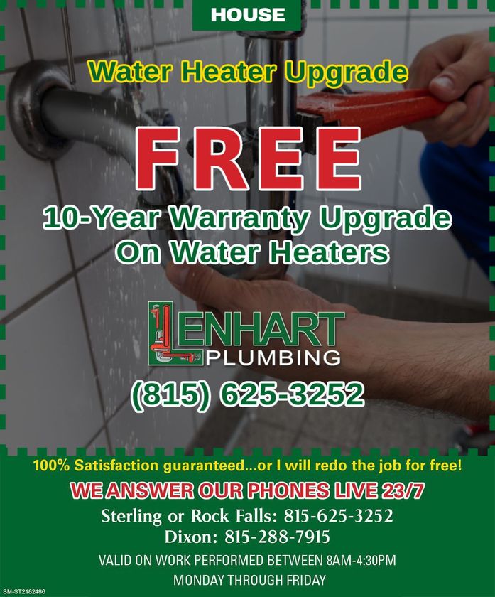 An advertisement for Lenhart Plumbing offering a free 10-year warranty upgrade on water heaters