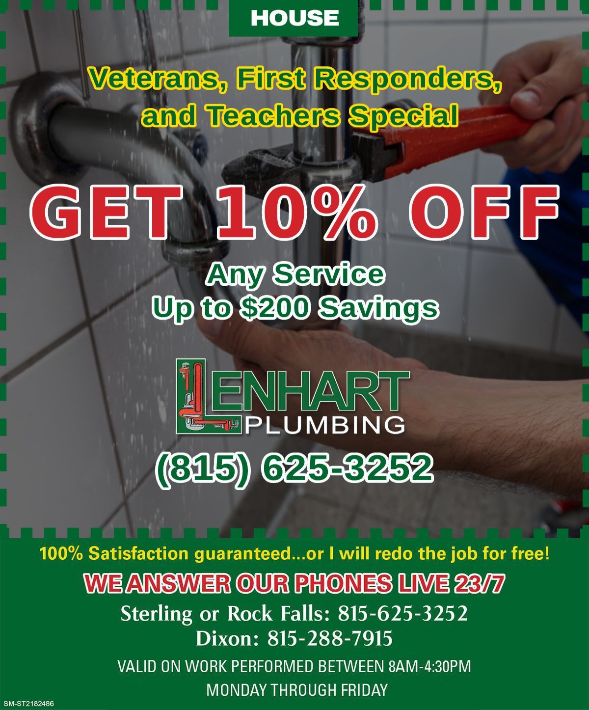 A Lenhart Plumbing advertisement offering a 10% discount for veterans, first responders, and teachers