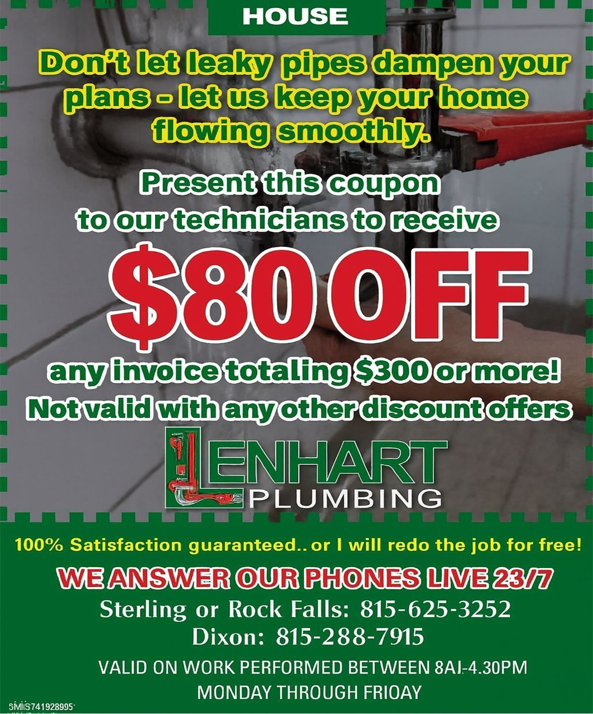 A coupon for Lenhart plumbing that says $80 off