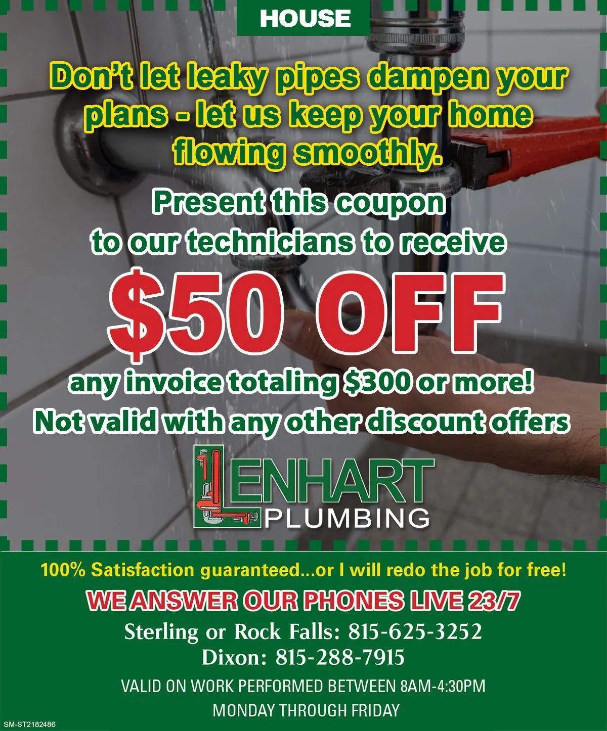 A coupon for Lenhart plumbing that says $ 50 off