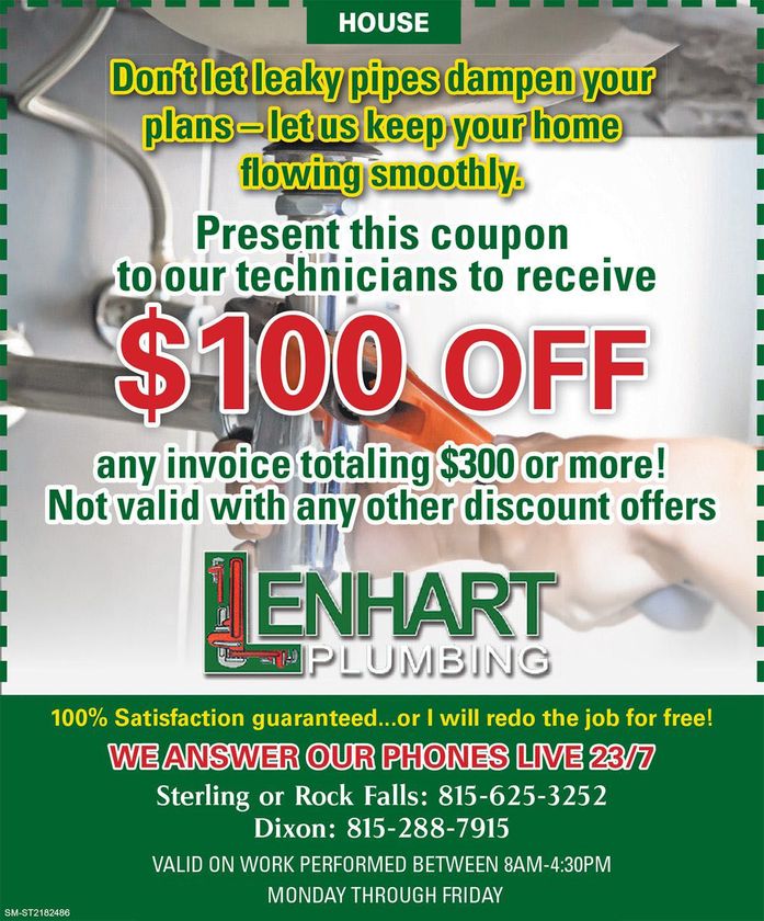 A coupon for lenhart plumbing that says $ 100 off