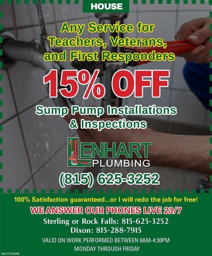 A coupon for henhart plumbing offers a 15% off