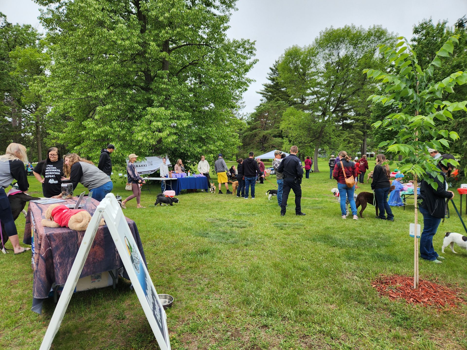 People and dogs at an outdoor event in a park. Booths, green grass, and trees are visible.