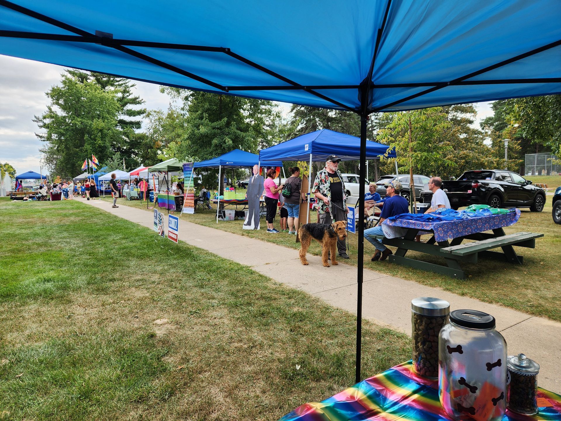 A group of people are sitting at picnic tables under blue tents in a park.