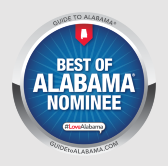 Best of Alabama nominee seal with a blue background, white text, and Alabama state outline.