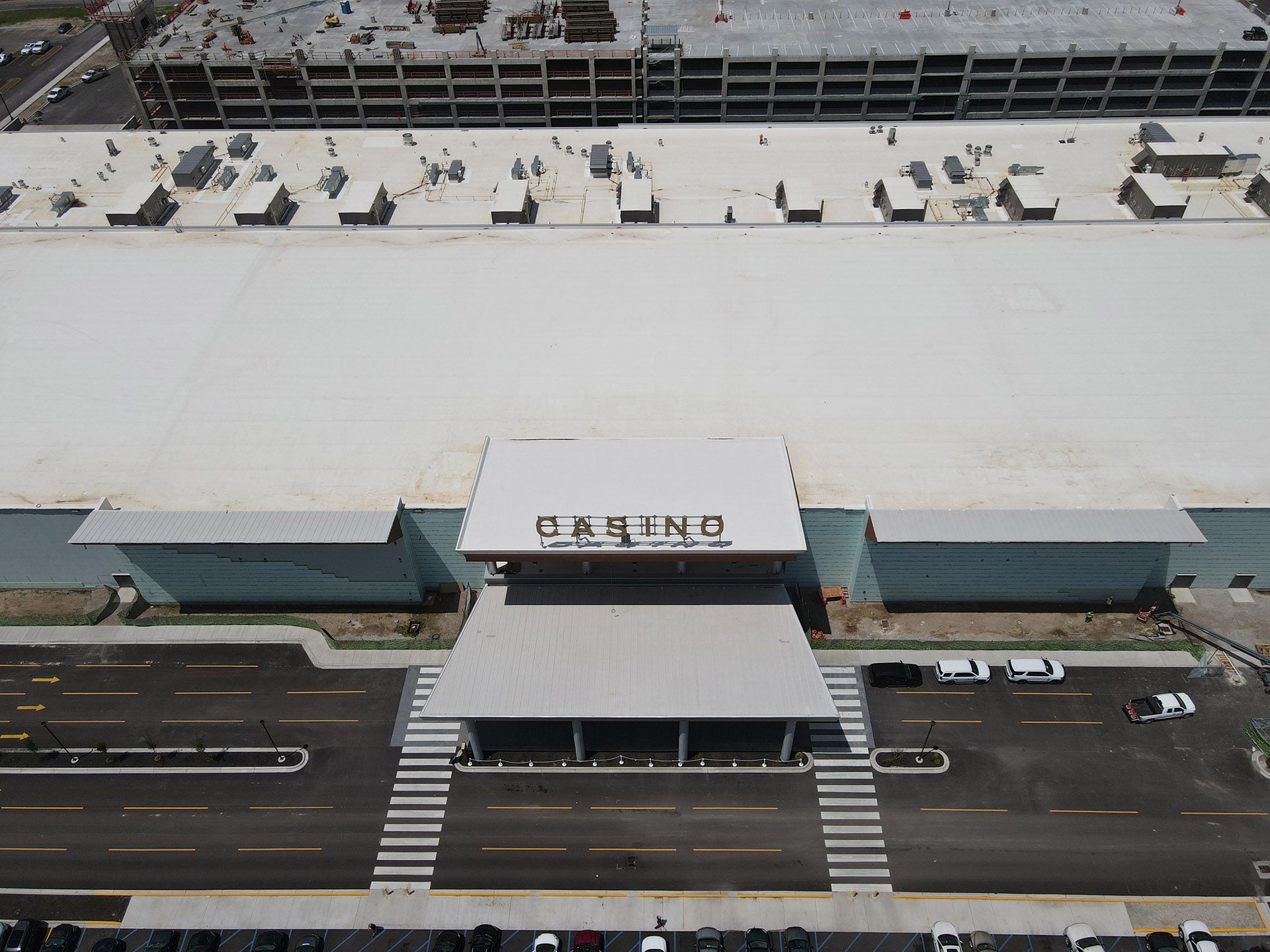 An aerial view of a large building with the word casino on it