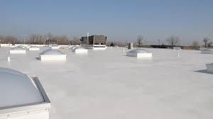 A white roof with a lot of skylights on it.