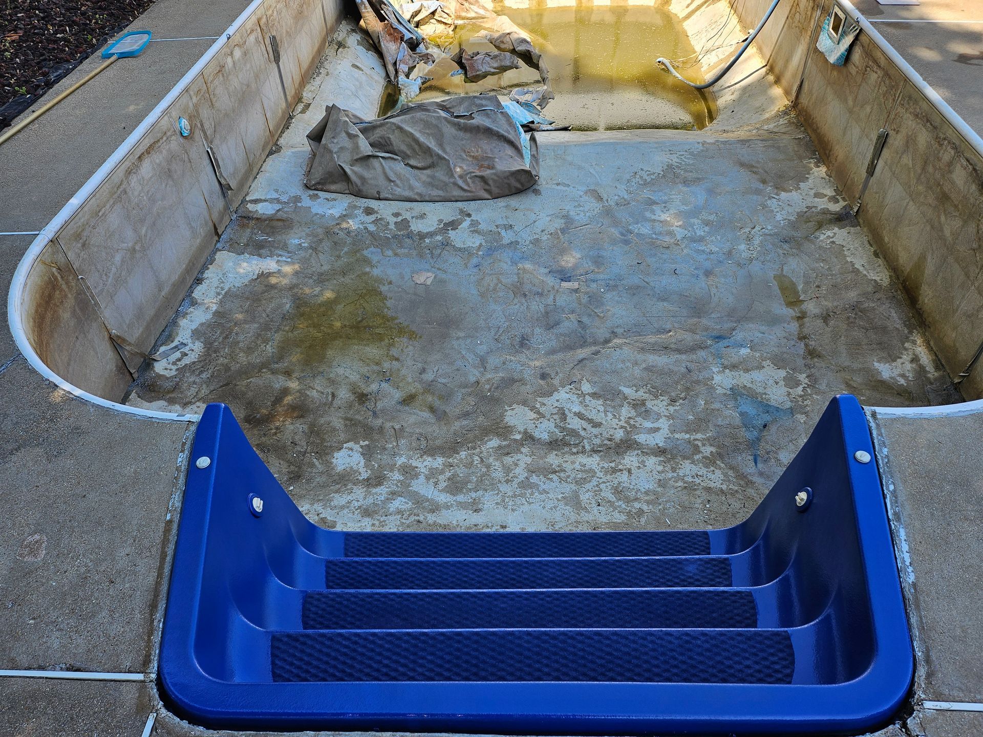 Empty pool with blue steps; concrete border.
