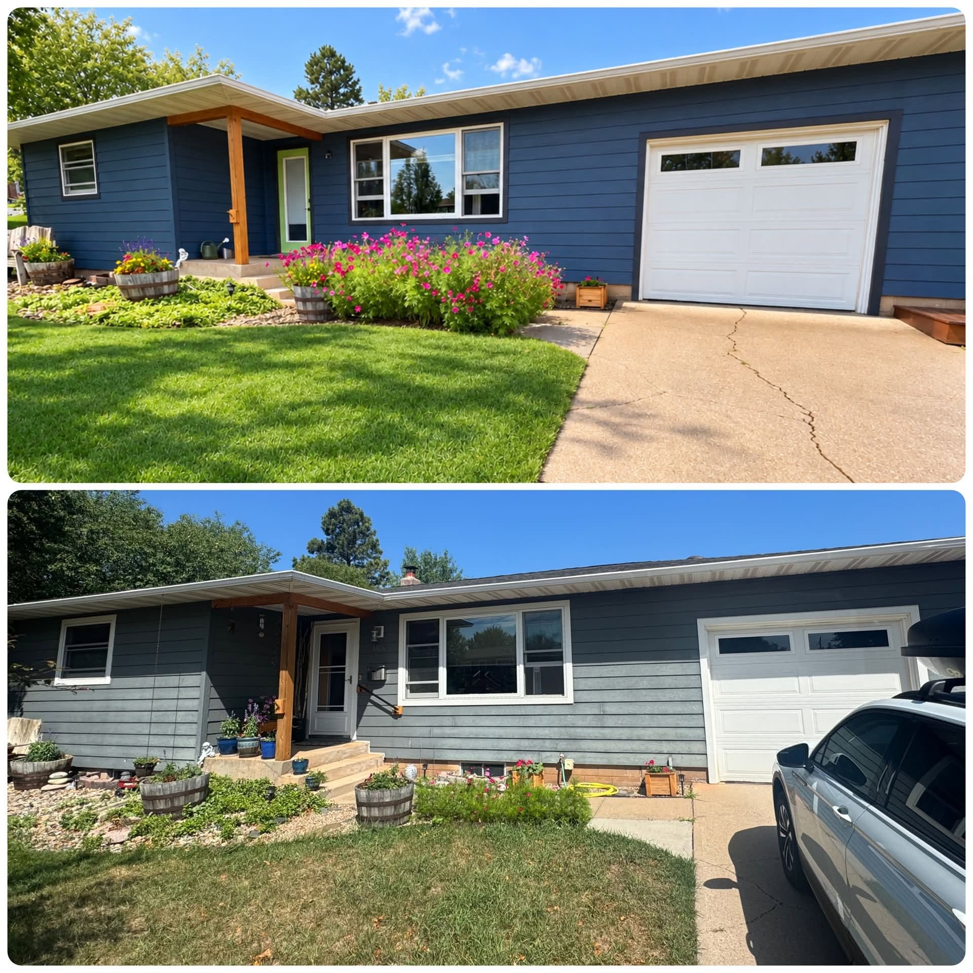 Before-and-after view of a blue house exterior with a lawn, flowers, and garage; bottom shows a more worn version.