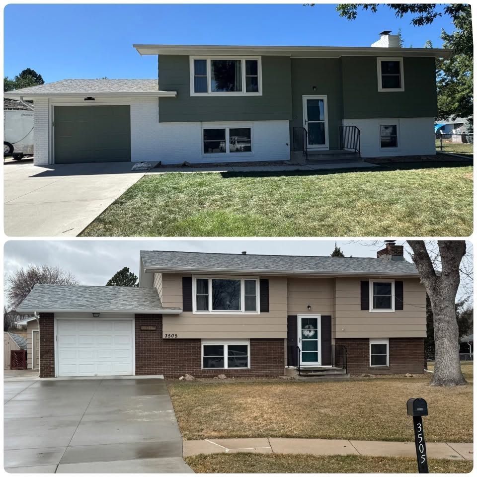 Two split-level suburban houses with garages, shown in a before-and-after style comparison.