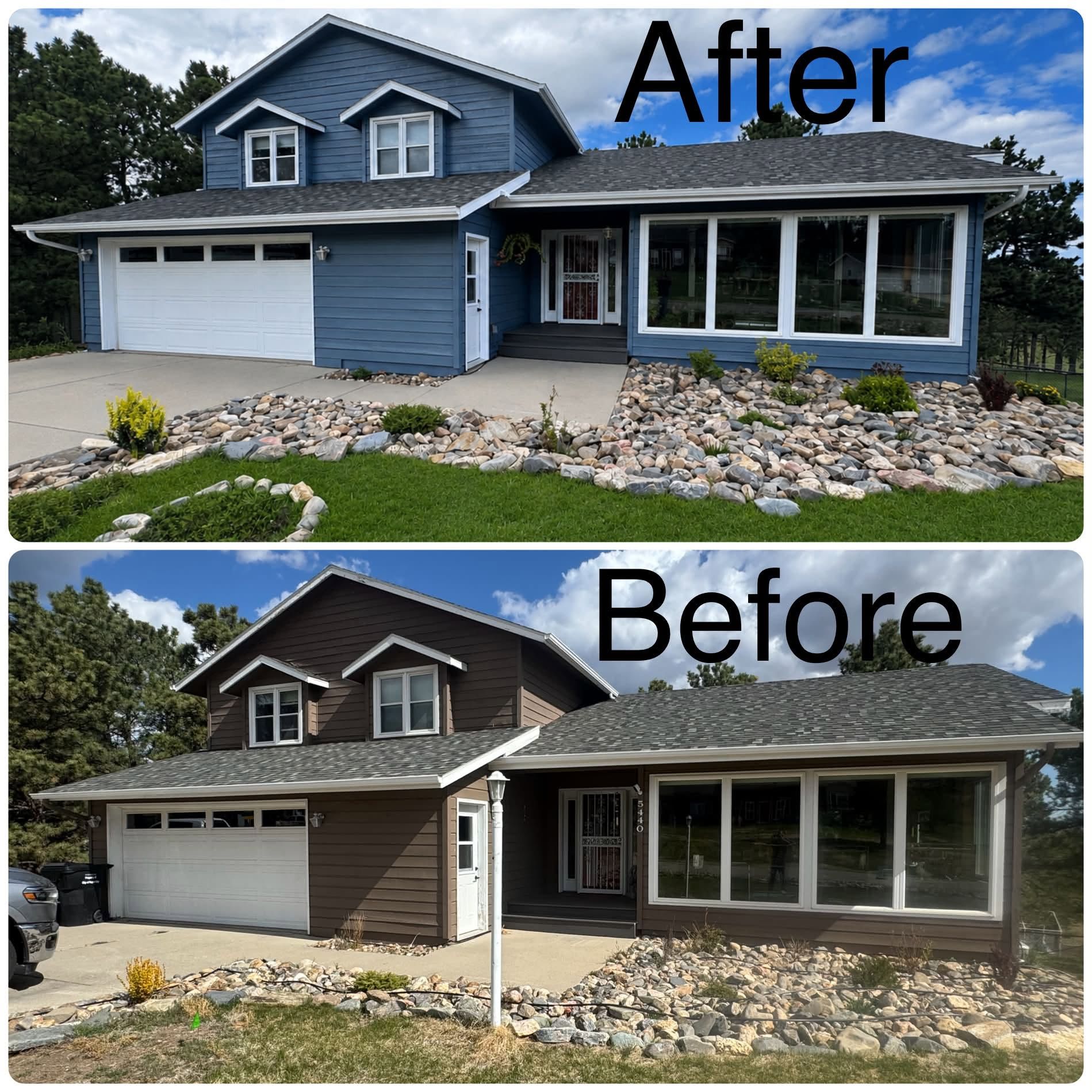 Before-and-after of a house exterior renovation, showing a blue updated facade above and brown original below.