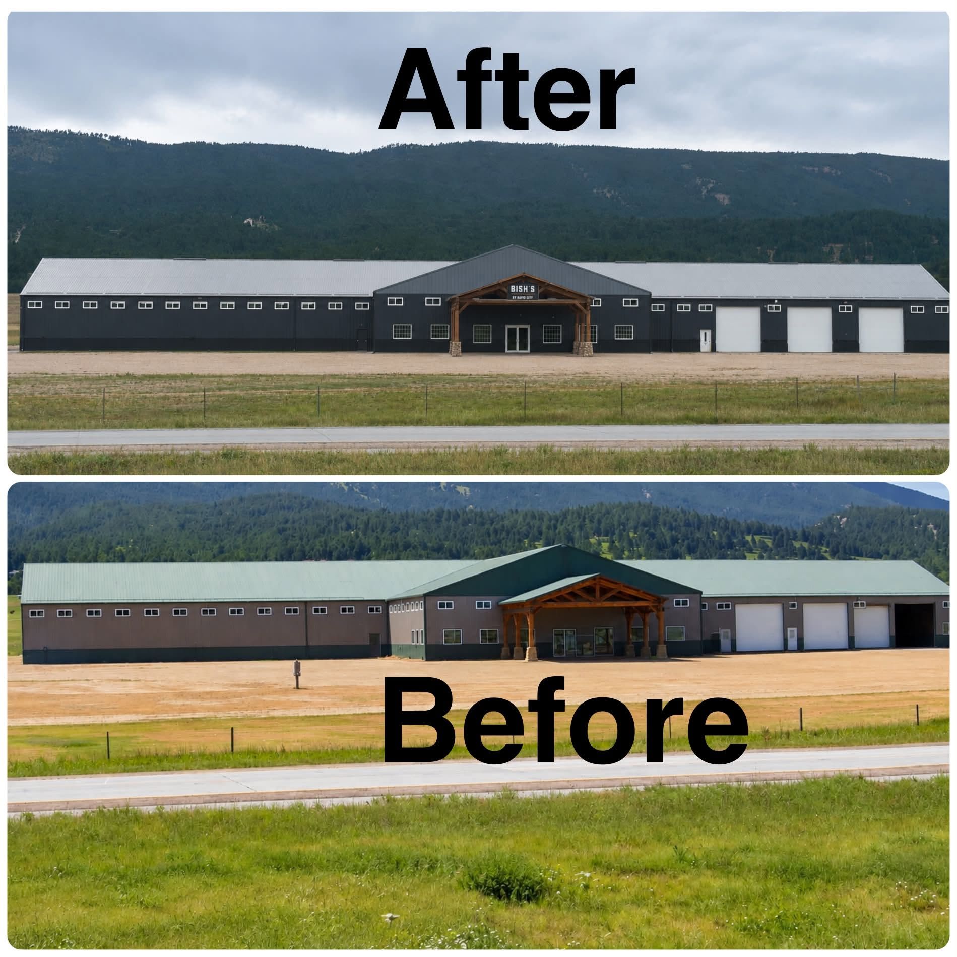 Side-by-side before and after photos of a long building with mountain backdrop; labels show roof color change and renovation.