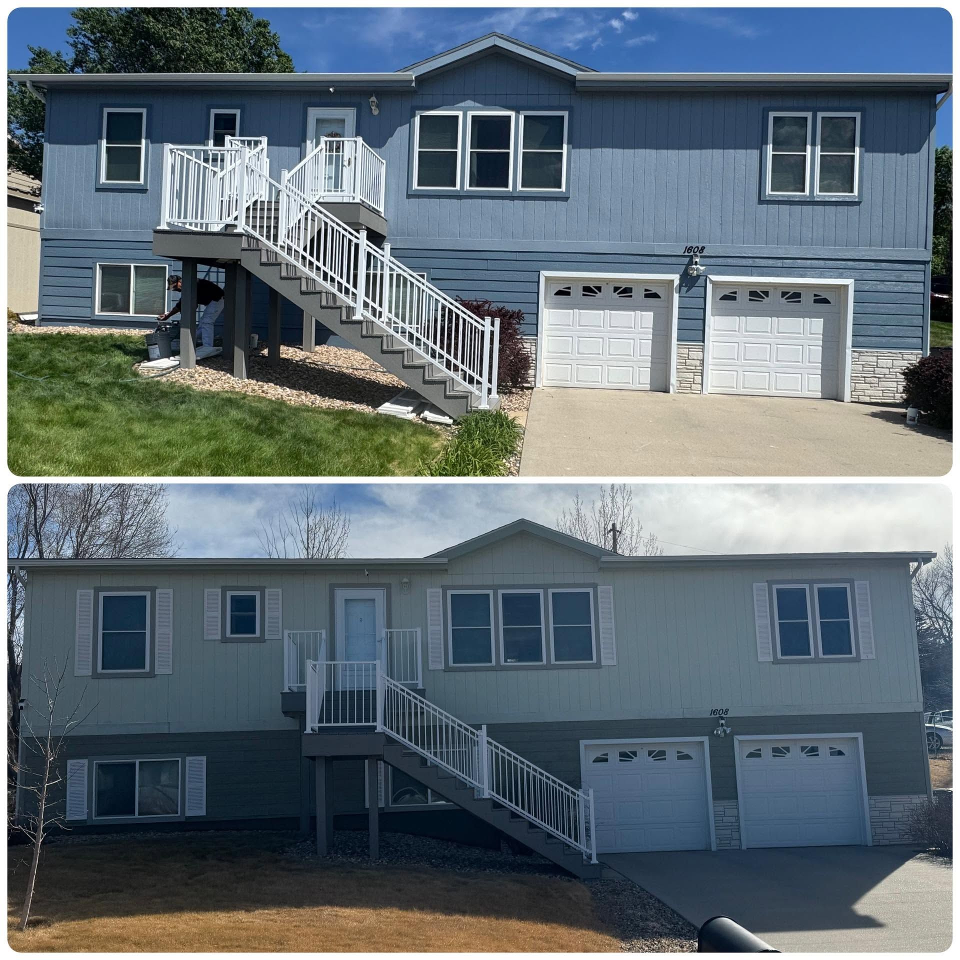 Blue house with white stairs and garage doors, shown in two views before and after siding work.