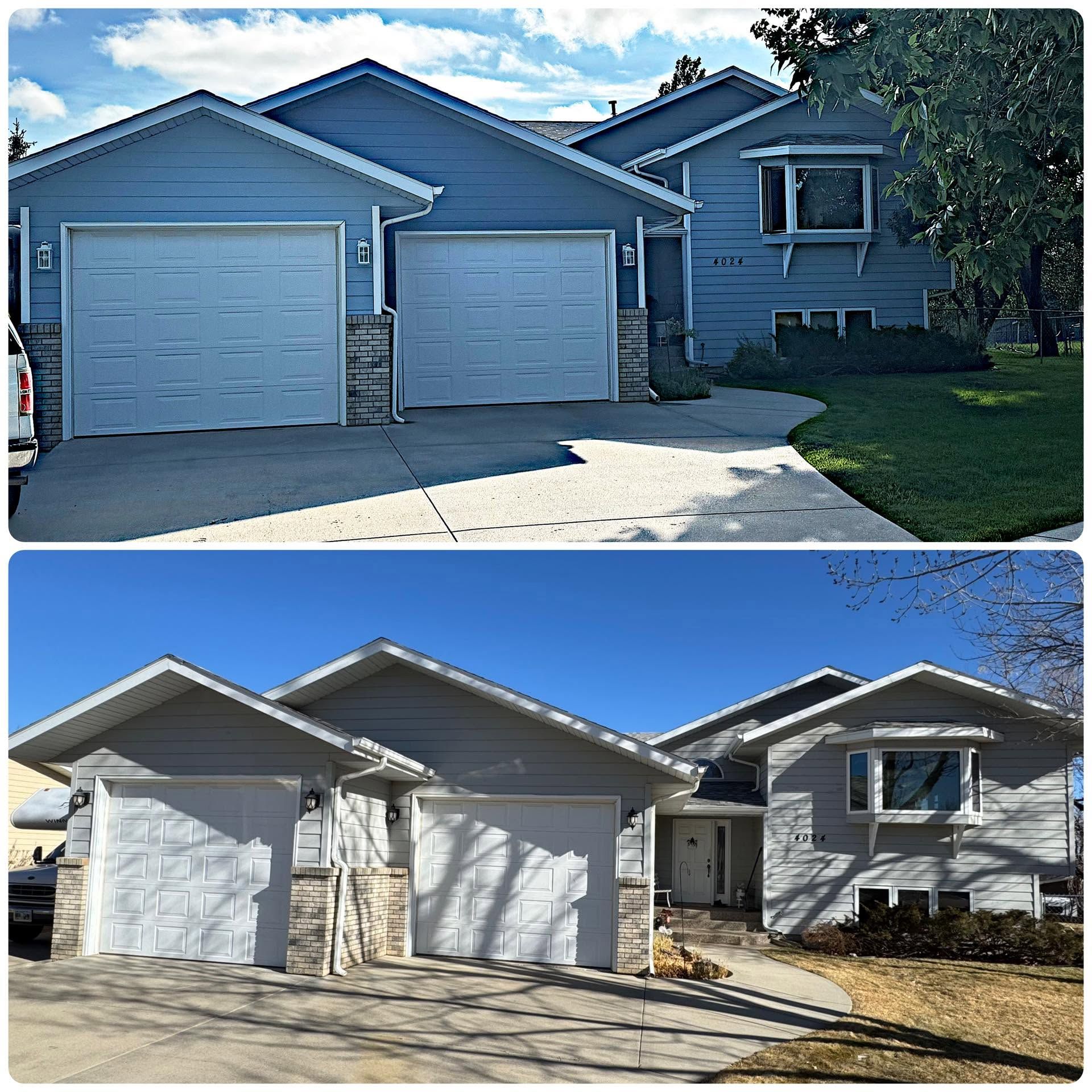 Two views of a blue house with two garage doors, shown before and after exterior repainting.