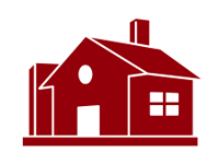 A solid dark red icon of a house with a chimney, a side addition, a circular window, and a door.