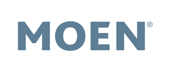Moen logo in blue-gray. The word MOEN with a registered trademark symbol on white background.