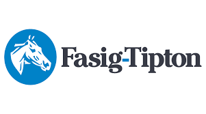 Fasig-Tipton logo: Blue circle with white horse head, black text.