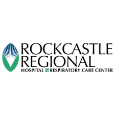Rockcastle Regional Hospital logo. Green and blue leaf design. Black text: 