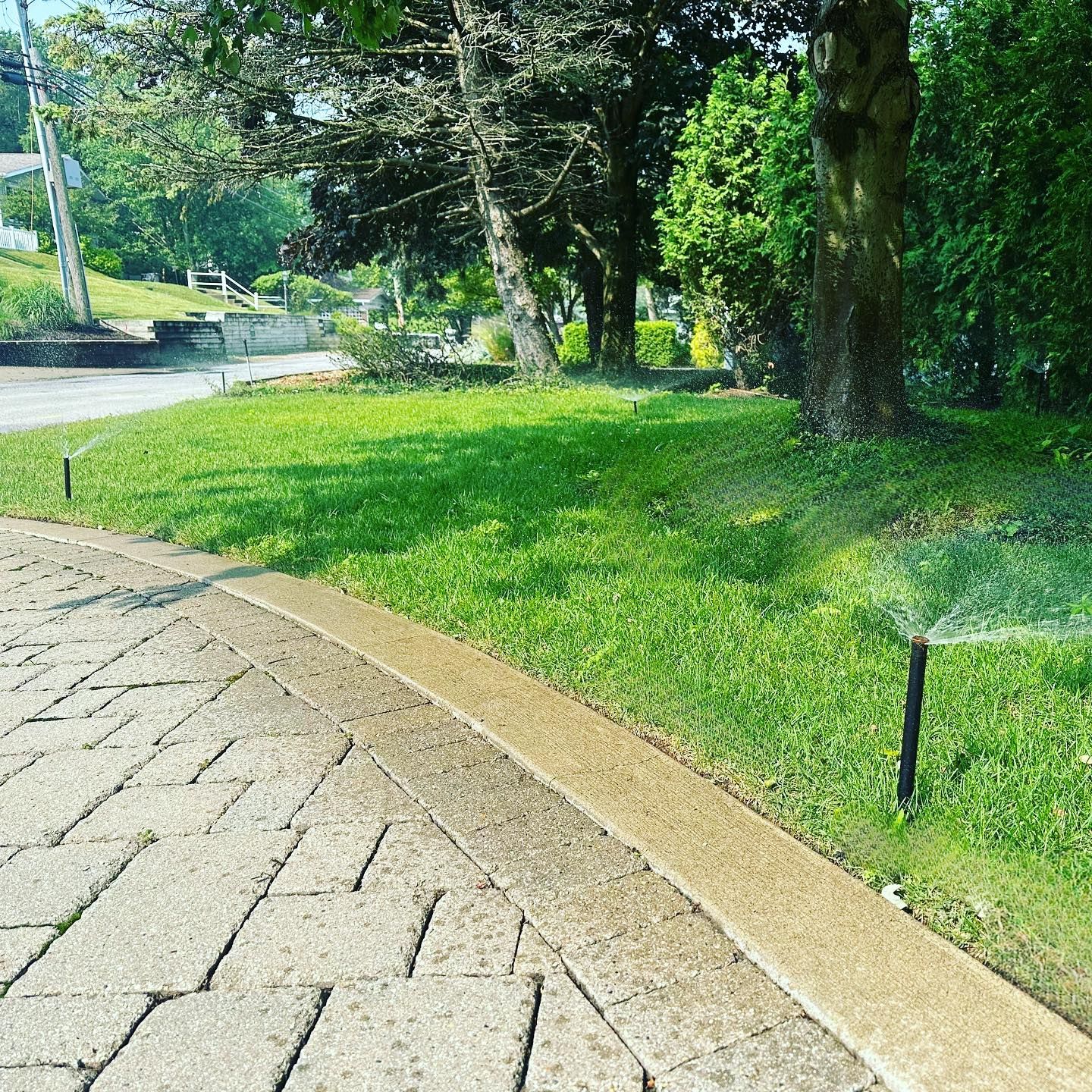 A lawn sprinkler waters a patch of green grass beside a stone driveway on a sunny day.