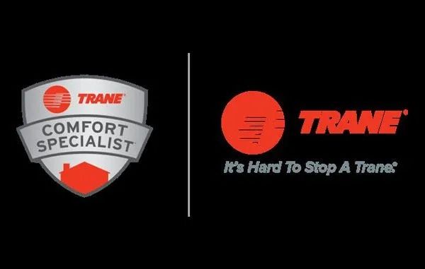 Two Trane logos on black background. One is a Comfort Specialist badge, the other a logo with tagline.