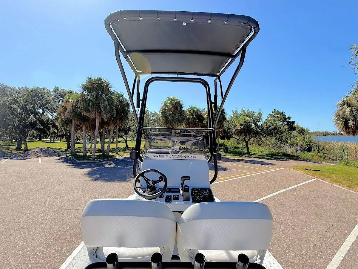 Front view of a golf cart on a sunny paved path with trees and water in the background