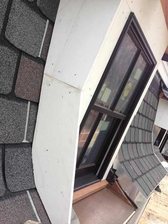 Window with black frame, surrounded by white trim and asphalt shingles.