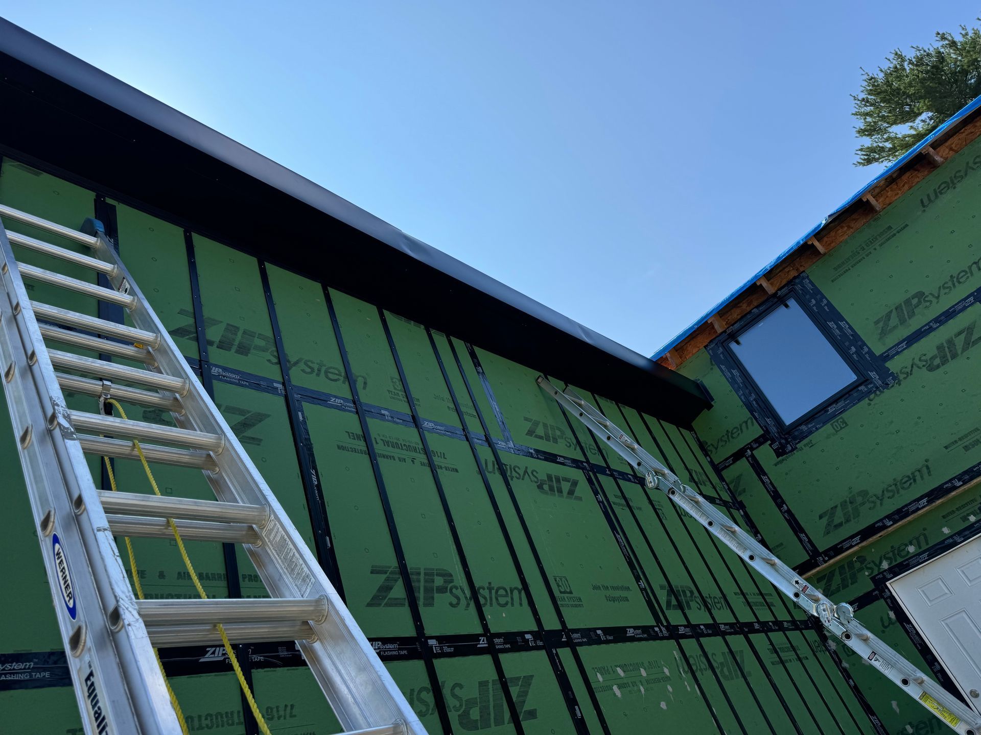 Two ladders leaning against a house with green exterior siding. Black trim and blue sky.