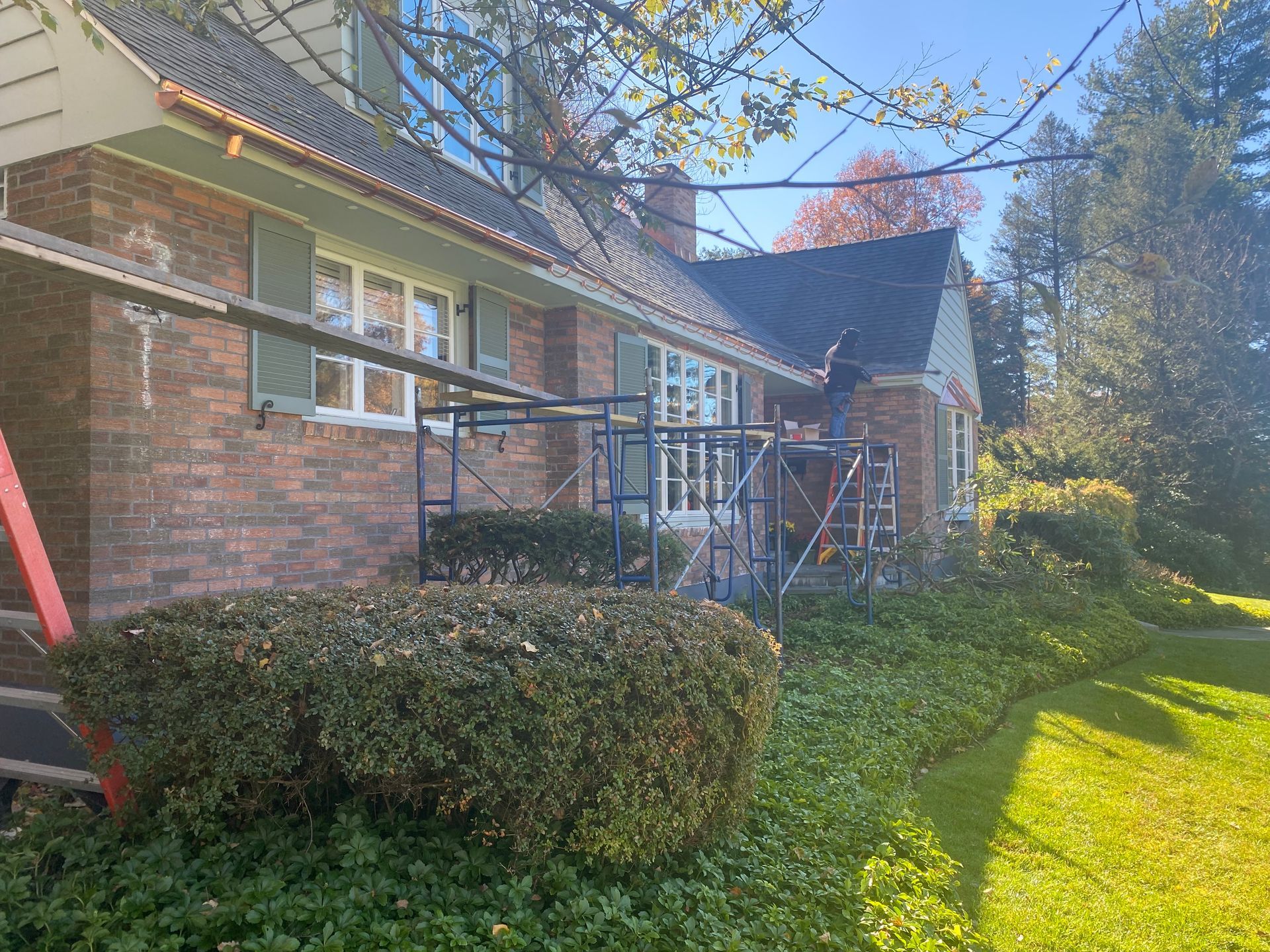 House with scaffolding, brick exterior, green shutters, lawn and shrubbery.