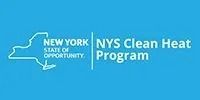 New York State Clean Heat Program logo on a blue background with white text and state outline