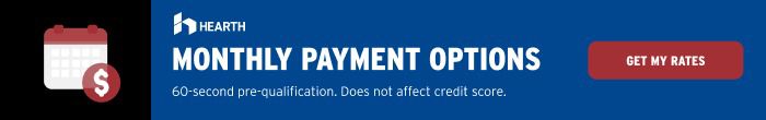 Monthly payment options banner with calendar icon and red Get in Touch button, on blue background