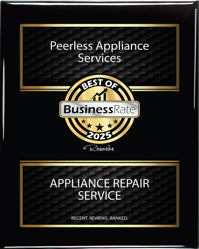 Peerless Appliance Services award. Gold and black plaque. Best of BusinessRate 2025. Appliance repair service.