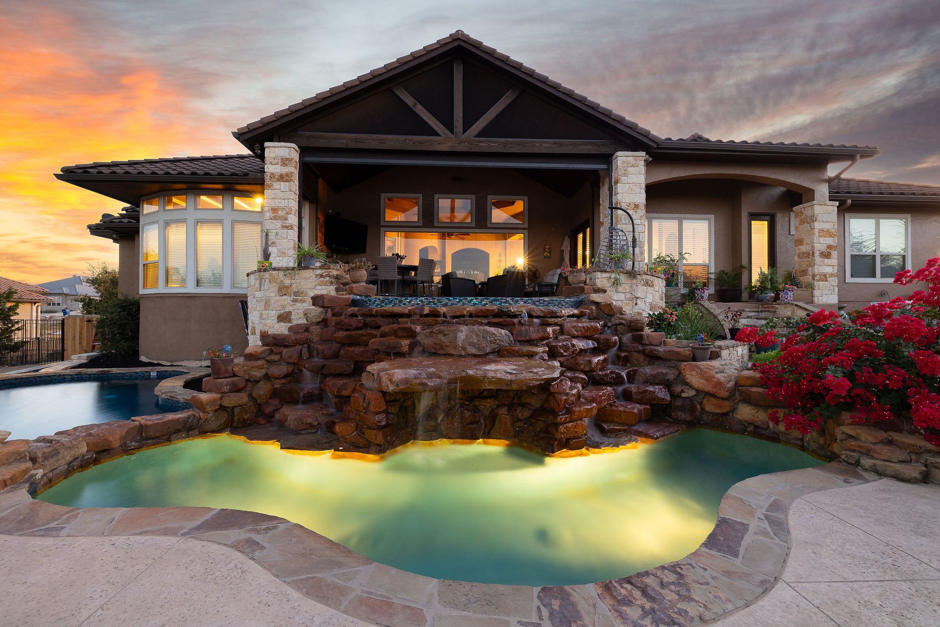 backyard pool at sunset