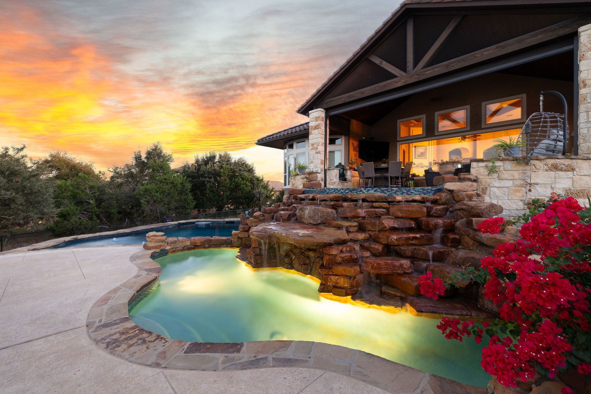 backyard pool at sunset